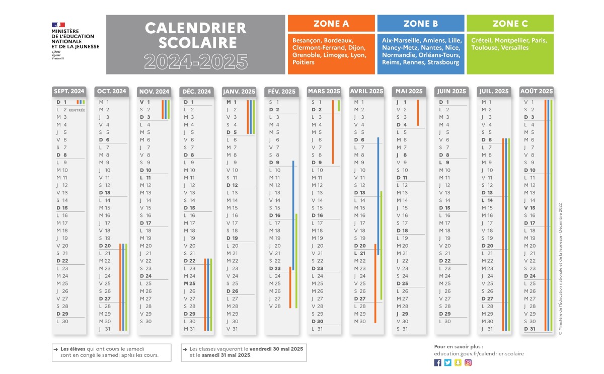 Vacances scolaires 2024-2025 / 2025-2026 : les dates de l'académie de 