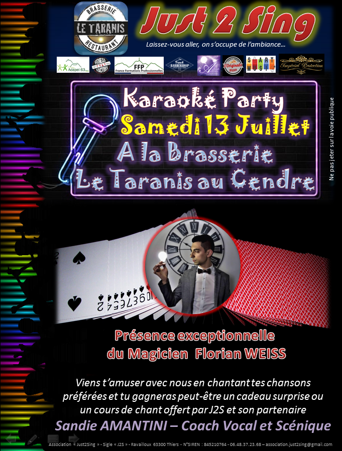 Cendre : La Brasserie le Taranis au Cendre (à côté d'intermarché) propose une soirée Karaoké exceptionnelle avec Just2Sing !!! Cendre : La Brasserie le Taranis au Cendre (à côté d'intermarché) propose une soirée Karaoké exceptionnelle avec Just2Sing !!!