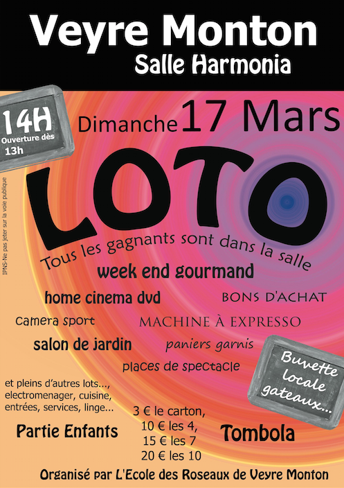Loto Ecole des Roseaux Veyre-Monton le 17 mars 2019 Loto Ecole des Roseaux Veyre-Monton le 17 mars 2019