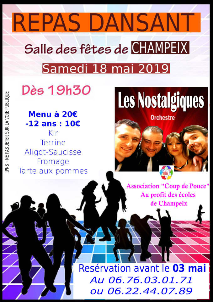 Repas dansant Champeix Samedi 18 mai 2019 19h30 Repas dansant Champeix Samedi 18 mai 2019 19h30