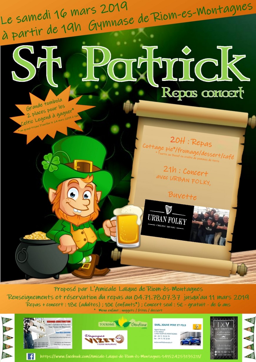 RIOM-ES-MONTAGNES : Soirée Saint Patrick - Repas/Concert Groupe URBAN FOLKY RIOM-ES-MONTAGNES : Soirée Saint Patrick - Repas/Concert Groupe URBAN FOLKY