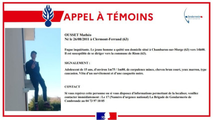 Un adolescent de 15 ans port&eacute; disparu, la gendarmerie lance un appel &agrave; t&eacute;moins dans le Puy-de-D&ocirc;me